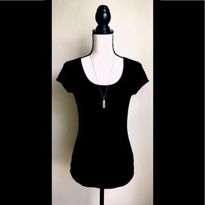 Black Scoop Neck Shirt Top Crisscross Backing, S
